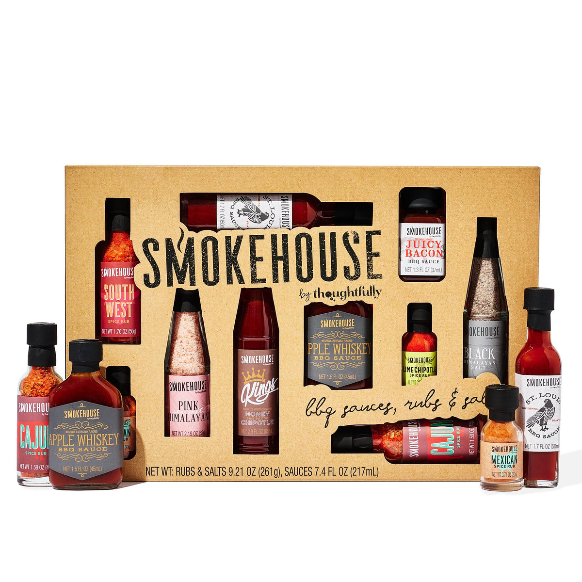 Smokehouse by Thoughtfully, Ultimate BBQ Sampler Set, Vegan and Vegetarian, Includes a Variety of Flavorful USA Made BBQ Sauces, Rubs, and Salts for Smoking and Grilling in Sample Size Glass Bottles
