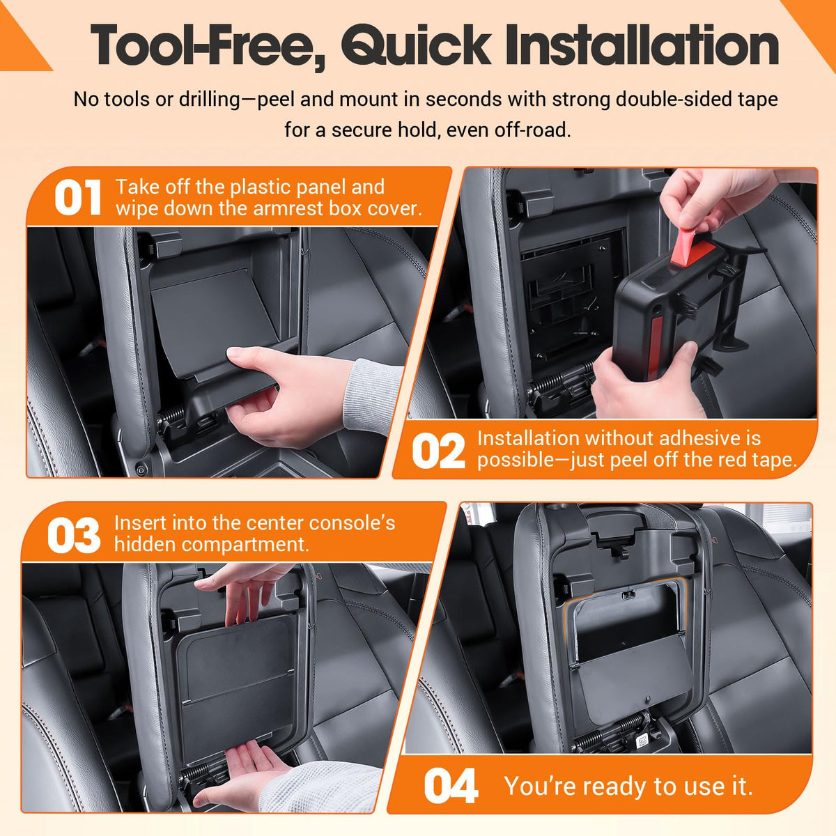 TACORBO Center Console Hidden Storage Organizer Compatible with Jeep Gladiator JT 2020-2024 and Jeep Wrangler JL/JLU 2018-2025, Wrangler 4XE One-Touch Armrest Hidden Secret Compartment Box