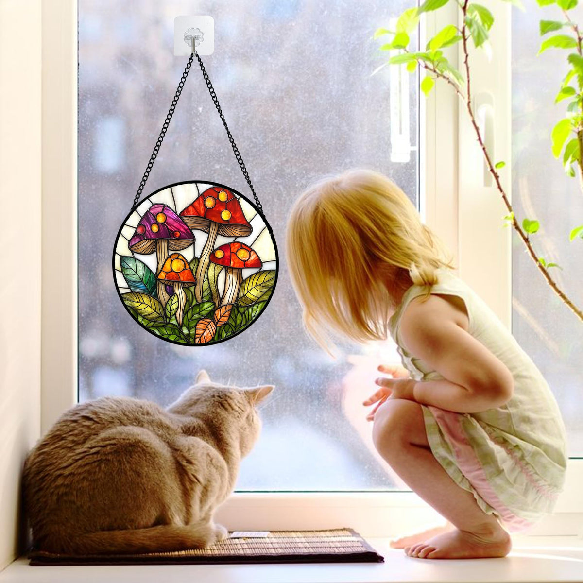DASTOLL Stained Glass Window Hanging, Mushroom Leaves Suncatcher for Doors Home Sun Catchers Decoration and Christmas, Mother's Day Birthday Gifts for Women, Men, and Mom 6.3 in