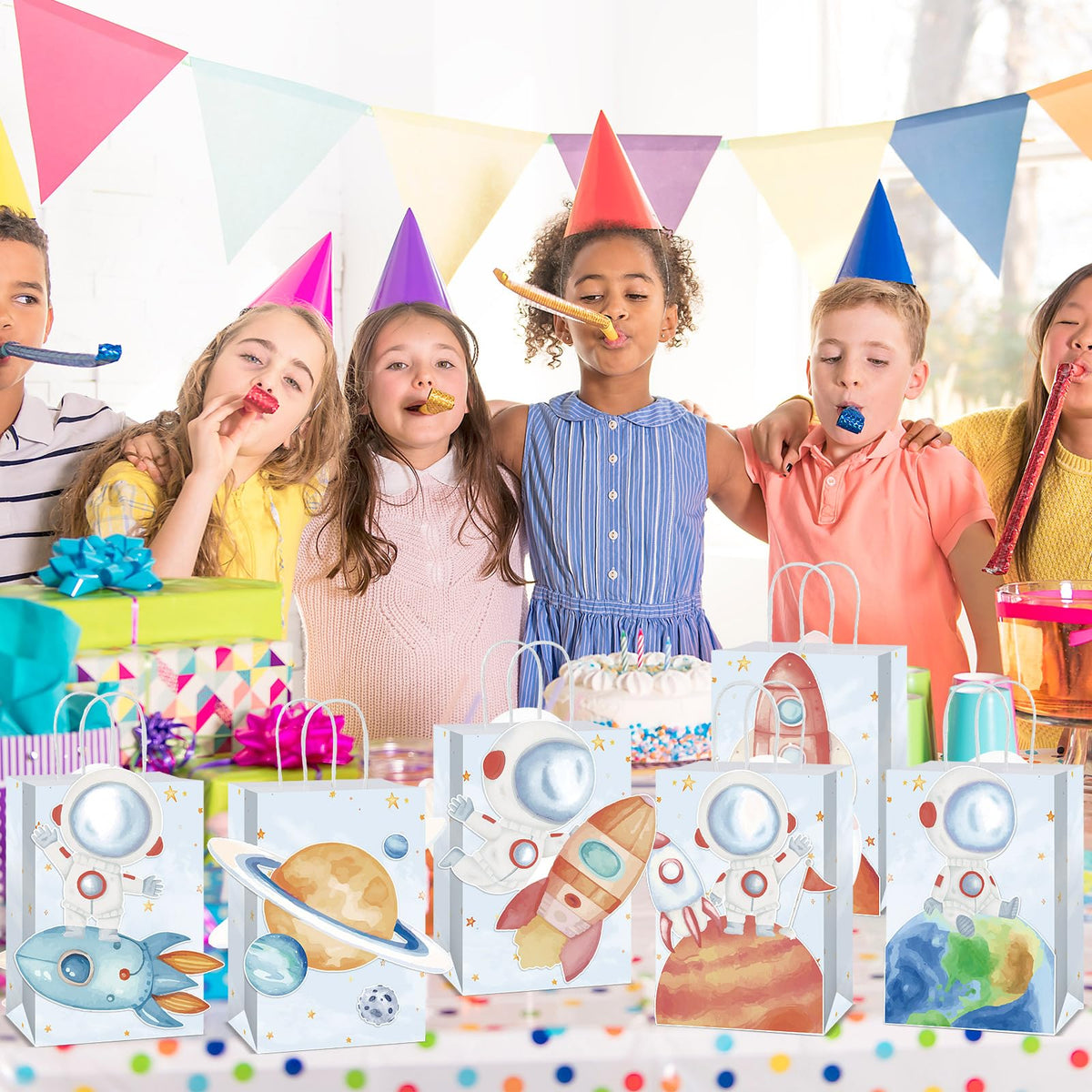 Naozinebi 12 Pcs Outer Space Party Favors Bags with Handles Astronaut Galaxy Theme Party Supplies Solar System Goodie Gift Rocket Paper Bag for Kids Birthday in 6 styles Gift Bags for Baby Shower
