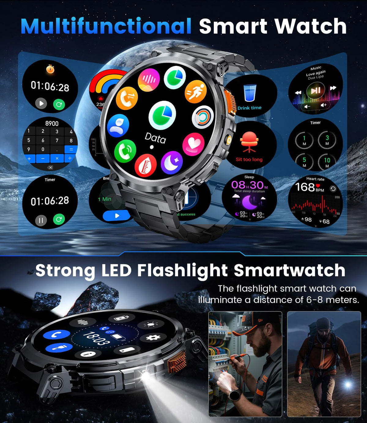LIGE Smart Watches for Men with 730mAh Battery, 1.85" HD Smart Watch with Flashlight/Make/Answer Call/120+Sports Mode Fitness Tracker/Sleep Monitoring, iOS Android Waterproof Military SmartWatches
