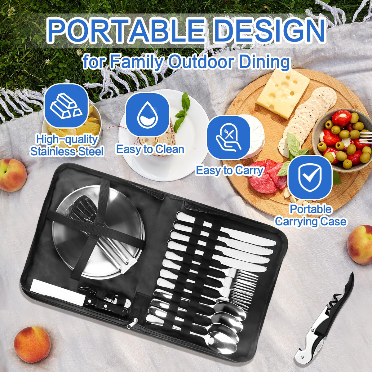 Cynrikah Camping Utensils, Camp Supplies 4 Person 20PCS with Spoons Plates Forks Knives in Camp Organizer, Mess Kit of Camping Utensil Set Car Camp Essentials Dishes for Picnic/Hiking(Black)