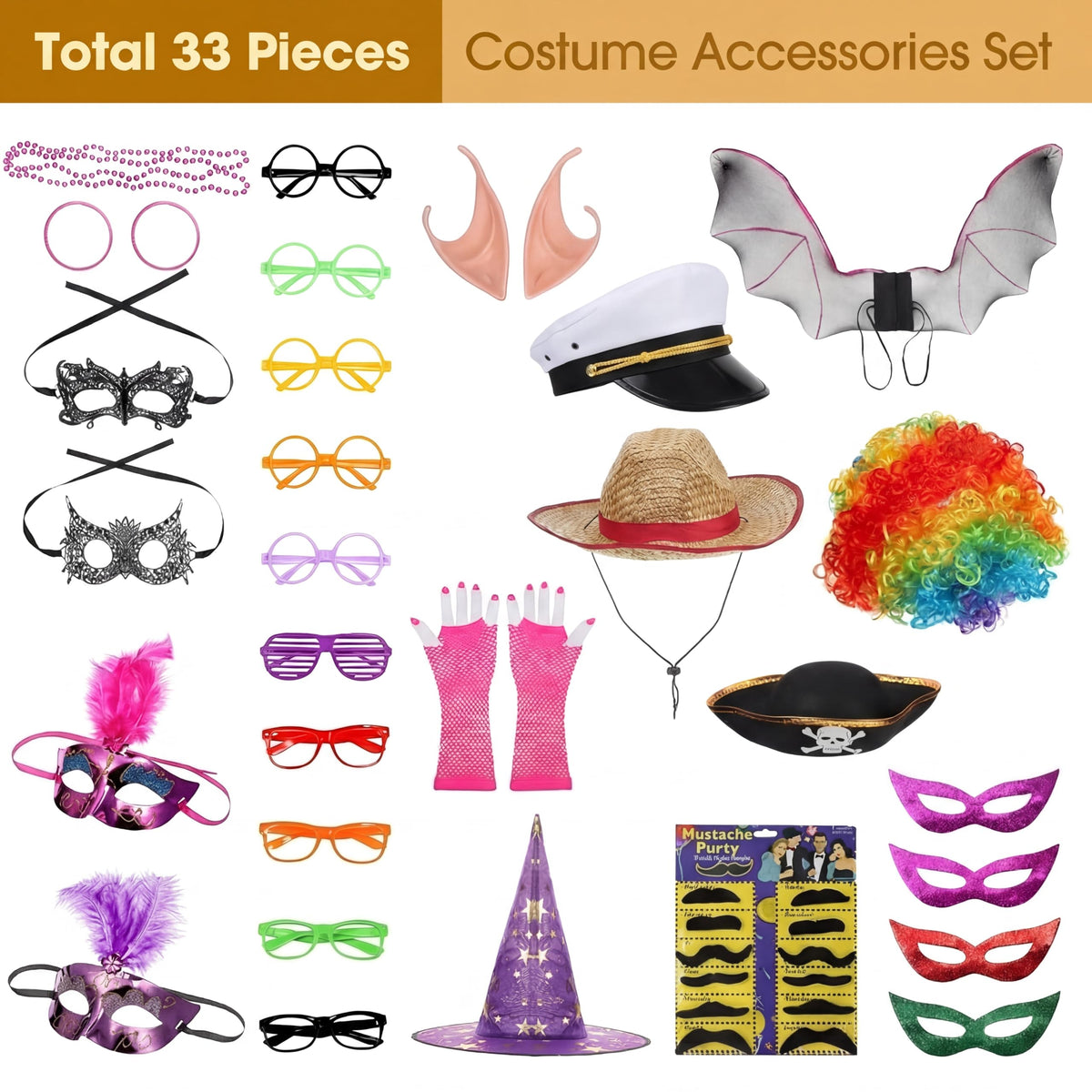 Landhoow 33 Pcs Funny Photo Booth Party Assorted Photo Booth Kit Props Costume Accessories Set, Captain Hat Funny Glasses for Wedding Props Birthday Parties Family Photos Booths Carnival Party