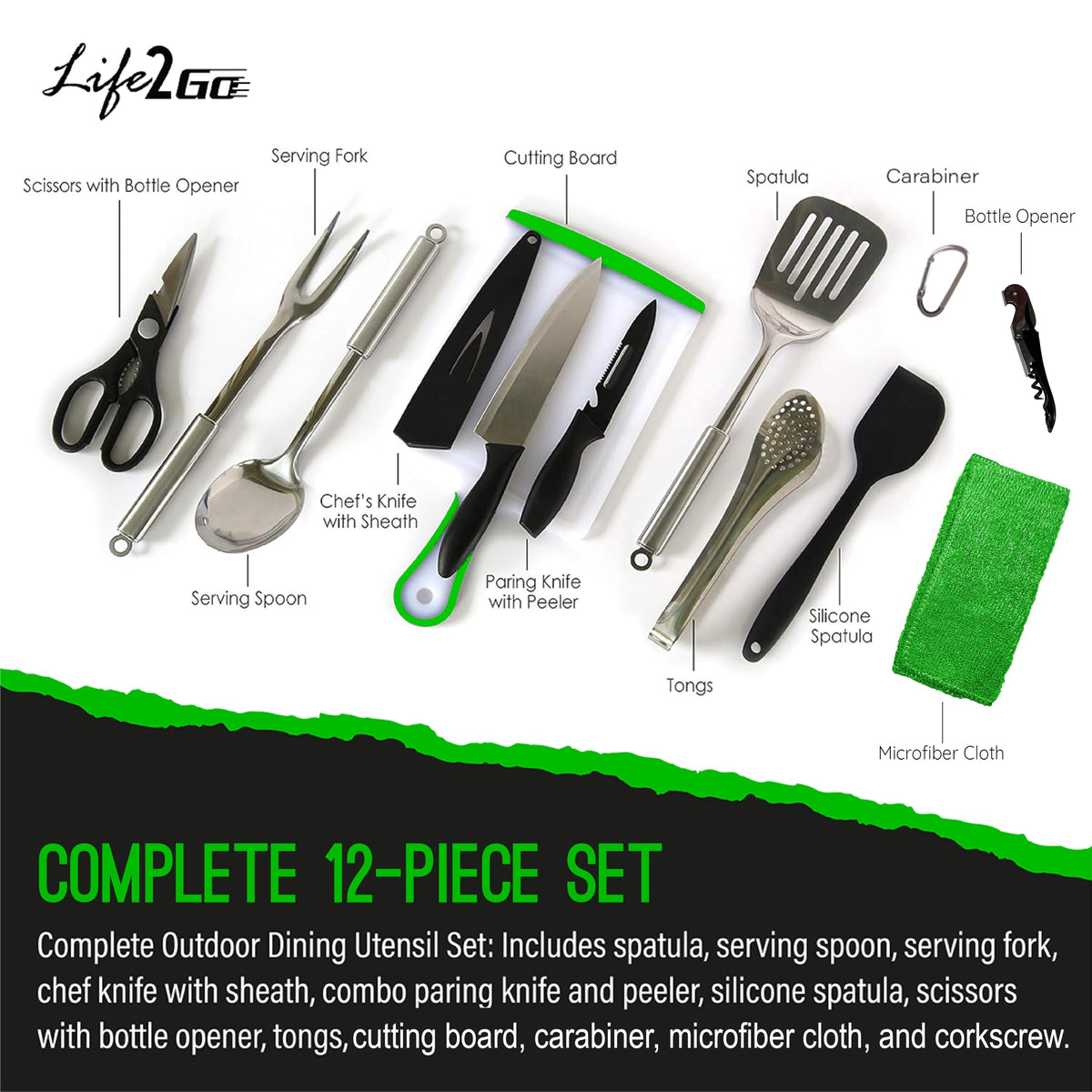 Life2Go 12 Piece Camp Cooking Utensil Set & Outdoor Kitchen Gear Cookware Kit, Portable Compact Carry Case for Camping, Hiking, Travel, BBQ Grilling Stainless Steel Accessories Spoon & Fork, Gray