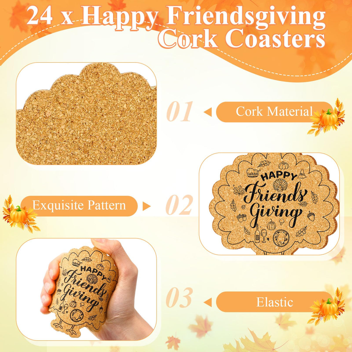 Hushee 24 Sets Friendsgiving Gifts Bulk Friendsgiving Cork Coasters Thanksgiving Cork Coaster Leaf Coaster with Thank You Cards and Organza Bag Thanksgiving Autumn Fall Party Favors (Maple Turkey)
