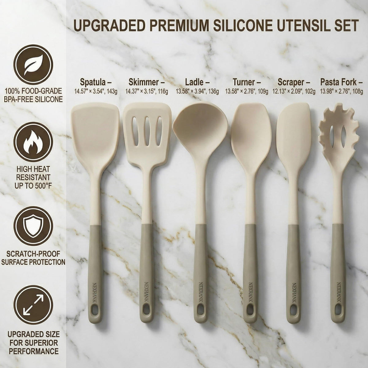 Nexhank Silicone Kitchen Utensils Set, 6-Piece NON-PLASTIC 500°F Heat-Resistant BPA-Free Dishwasher Safe Cooking Tools with Upgraded Spatula,Turner Ladle Skimmer Pasta Fork Scraper, Cream White &Mocha