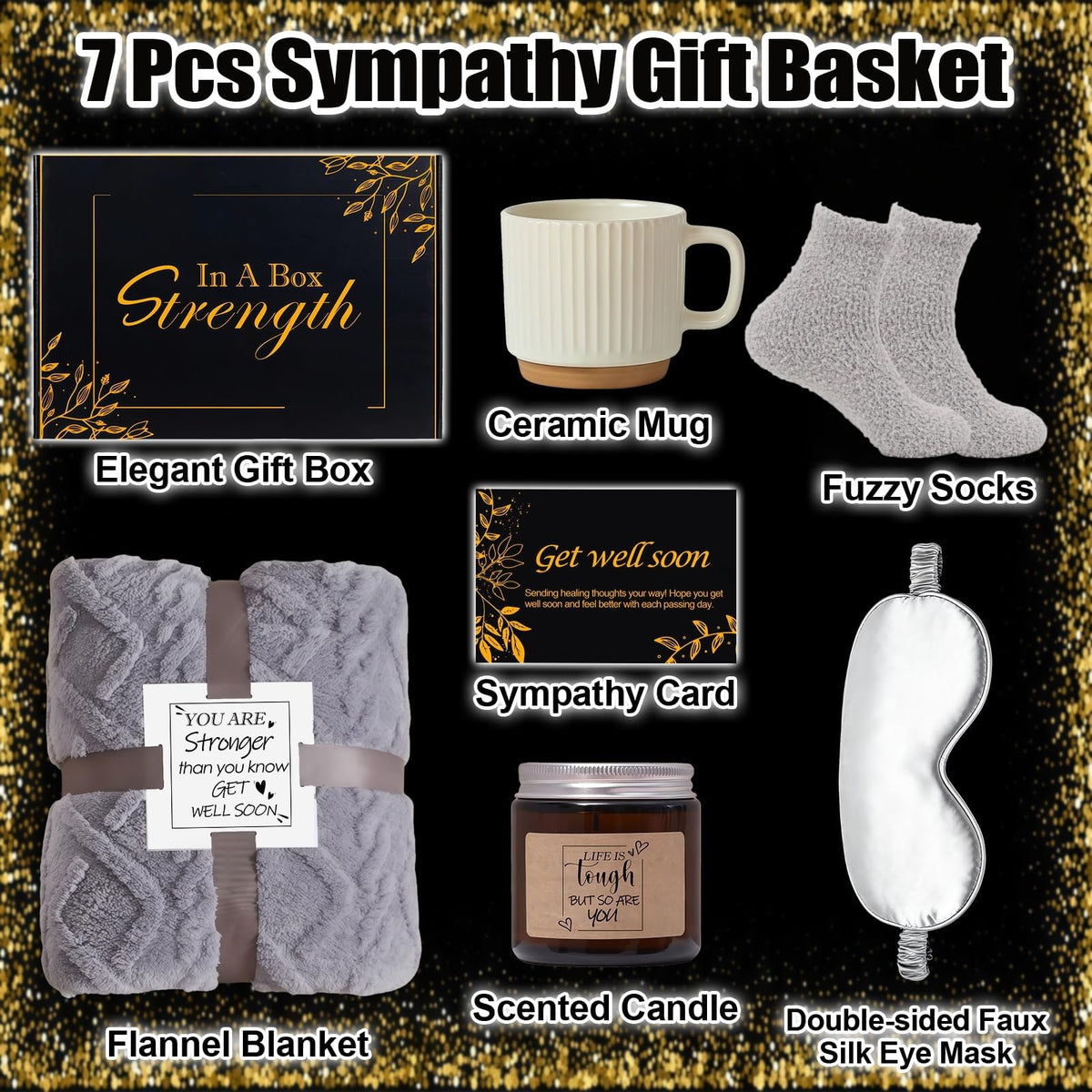 Get Well Soon Gifts for Men Care Package with Blanket, Socks, Eye Mask, Mug, Scented Candle, After Surgery, Sympathy Gift Baskets for Sick Him Brother Relatives Friends (Black)