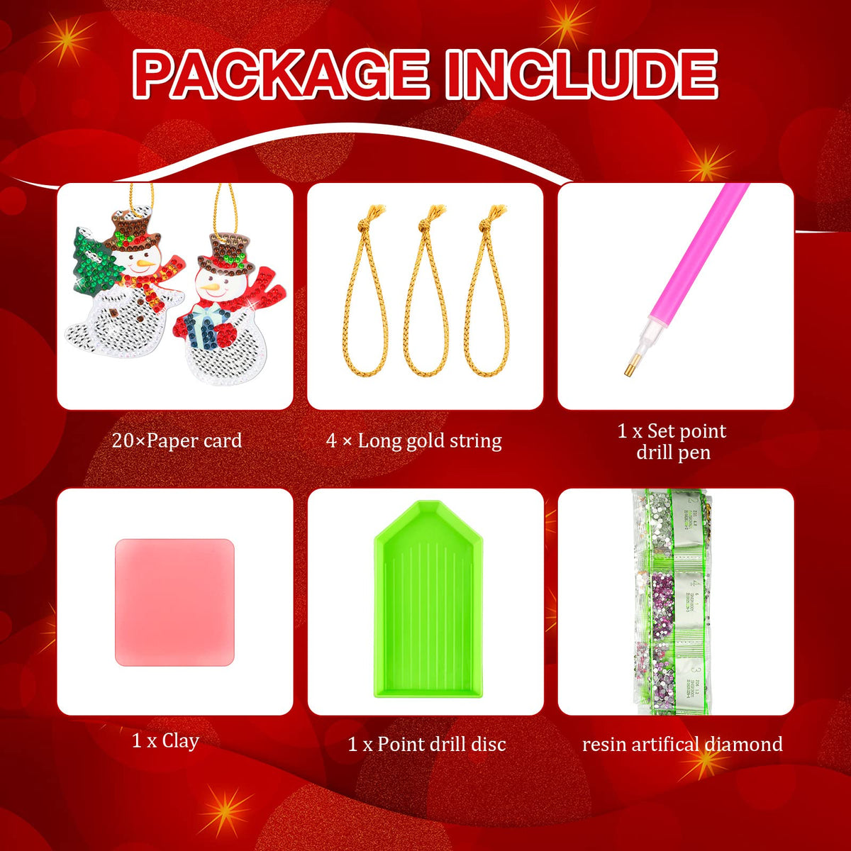 Jetec 20 Pcs Diamond Art Christmas Ornament 5D DIY Christmas Diamond Painting Keychain Kit Xmas Hanging Paint Kit Snowman Santa Art Rhinestone Pendant Key Ring for Adult Craft Decor Supply
