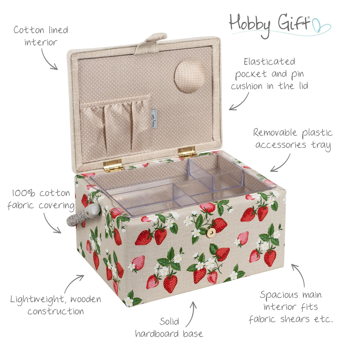 Hobby Gift Medium Sewing Box Craft Storage Box with Handle Internal Accessories Tray Pin Cushion and Pocket for Sewing Knitting and Hobby Supplies