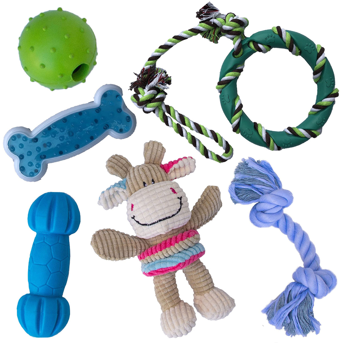 rocket & rex Dog Chew Toy Set for Small to Medium Breeds, Includes All Natural Rubber, Cotton, Ball & Rope Toys, Ideal Puppy Chew Toys for Teething, Reduces Destructive Chewing & Anxiety (Pack of 6)