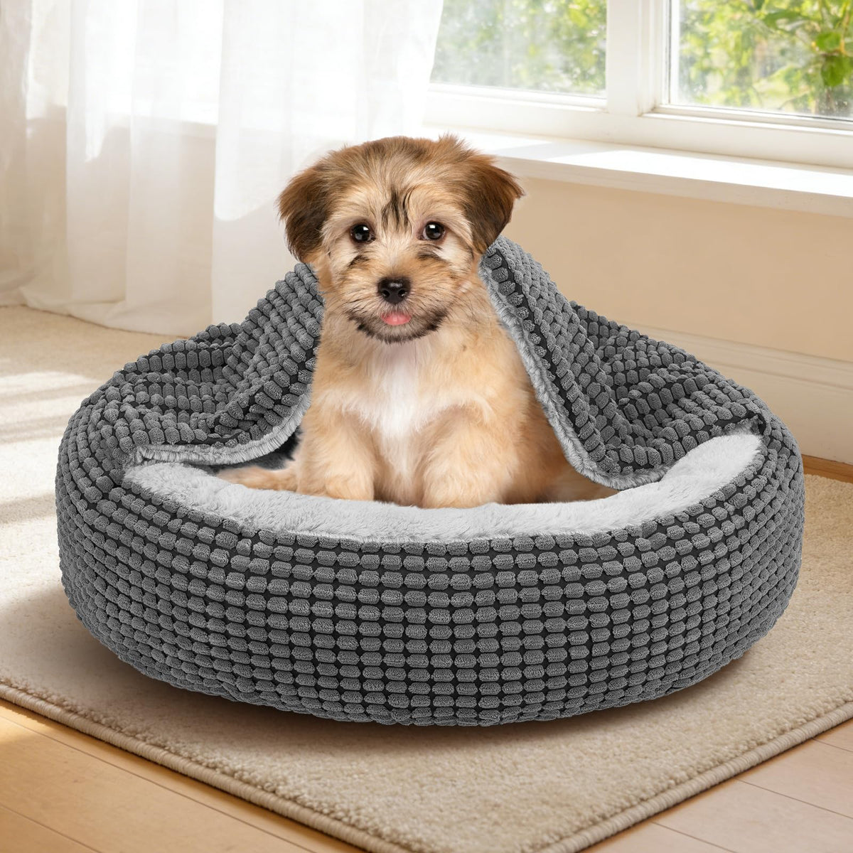 SIWA MARY Small Dog Bed with Attached Blanket, Cozy Donut Cuddler Anti-Anxiety Hooded Pet Beds Calming Cave Bed. Orthopedic Round Puppy Beds for Dogs or Cats Washable, Anti-Slip Bottom, 23inch