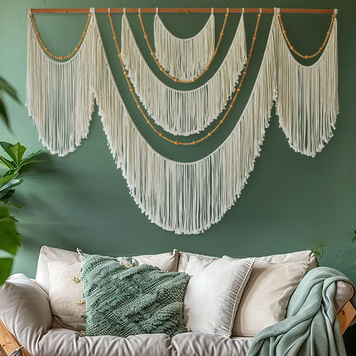 Flber Large Macrame Wall Hanging – Boho Yarn Art Garland with Tassels and Beads, Handmade Rope Decor for Nursery, Party, Wedding, Bedroom, Fireplace Mantel, or Photo Backdrop 57" W x 41" L