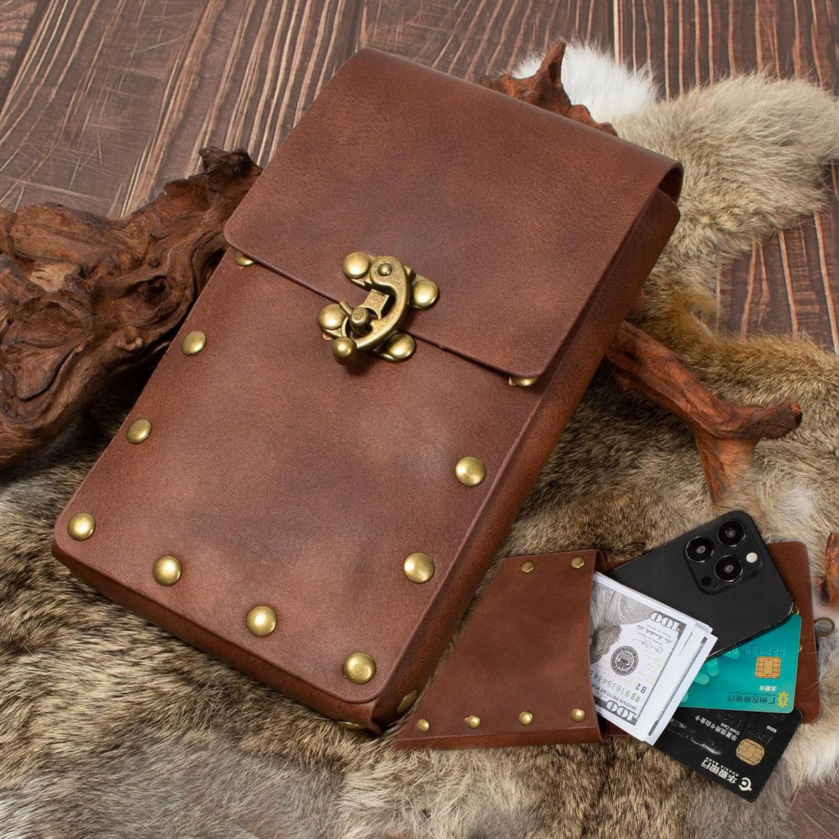 Belt Pouch Waist Bag Fanny Pack Steampunk Phone Holder Medieval Bag Leather Belt Renaissance Cosplay Costume Accessories (1-Brown)