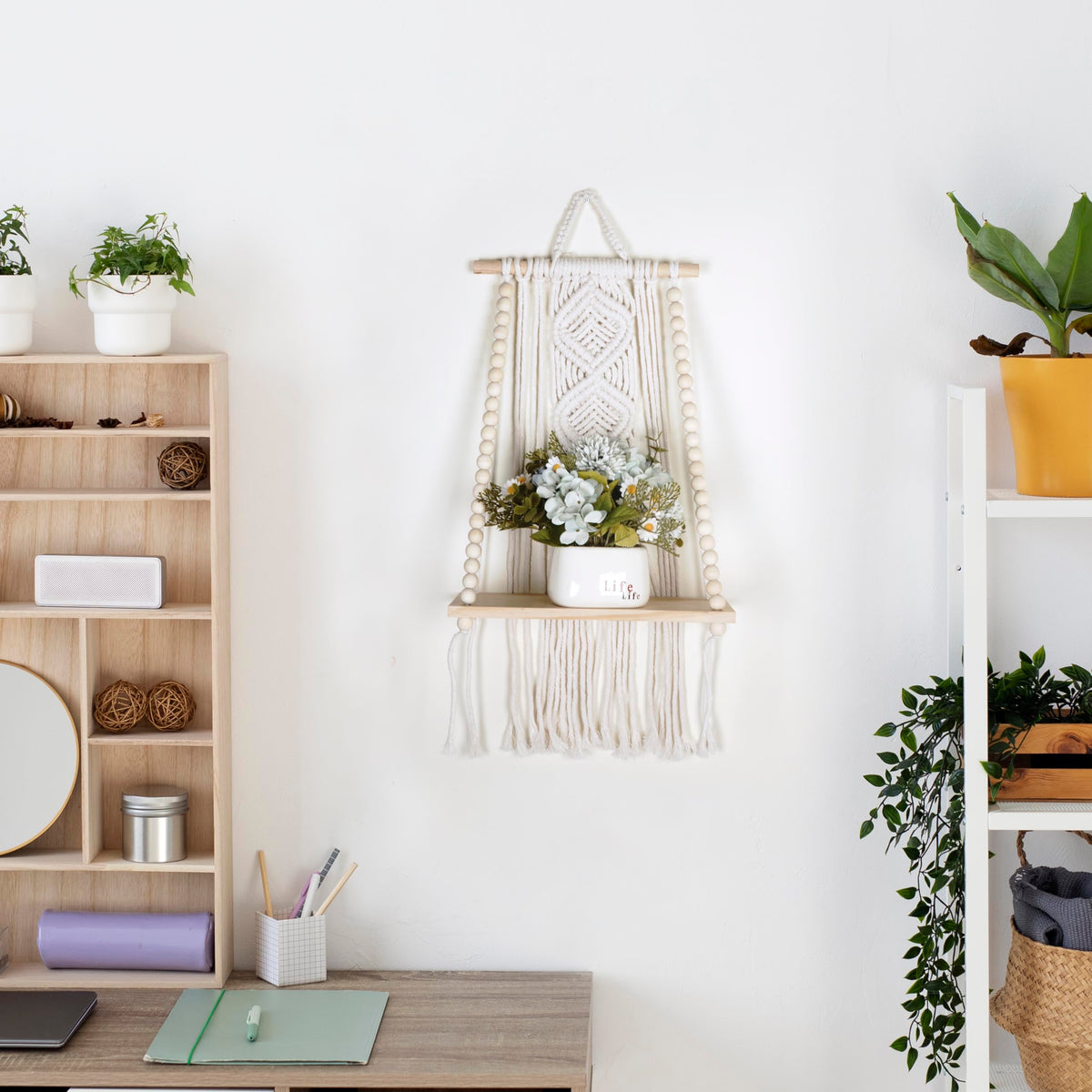 Wooden Macrame Wall Hanging w/Shelf & Sturdy Beaded Rope - Handmade Modern Living Room Decor - Macrame Wall Decor to Securely Hold Plants & More - Beautiful Boho Decorations for Interior Design