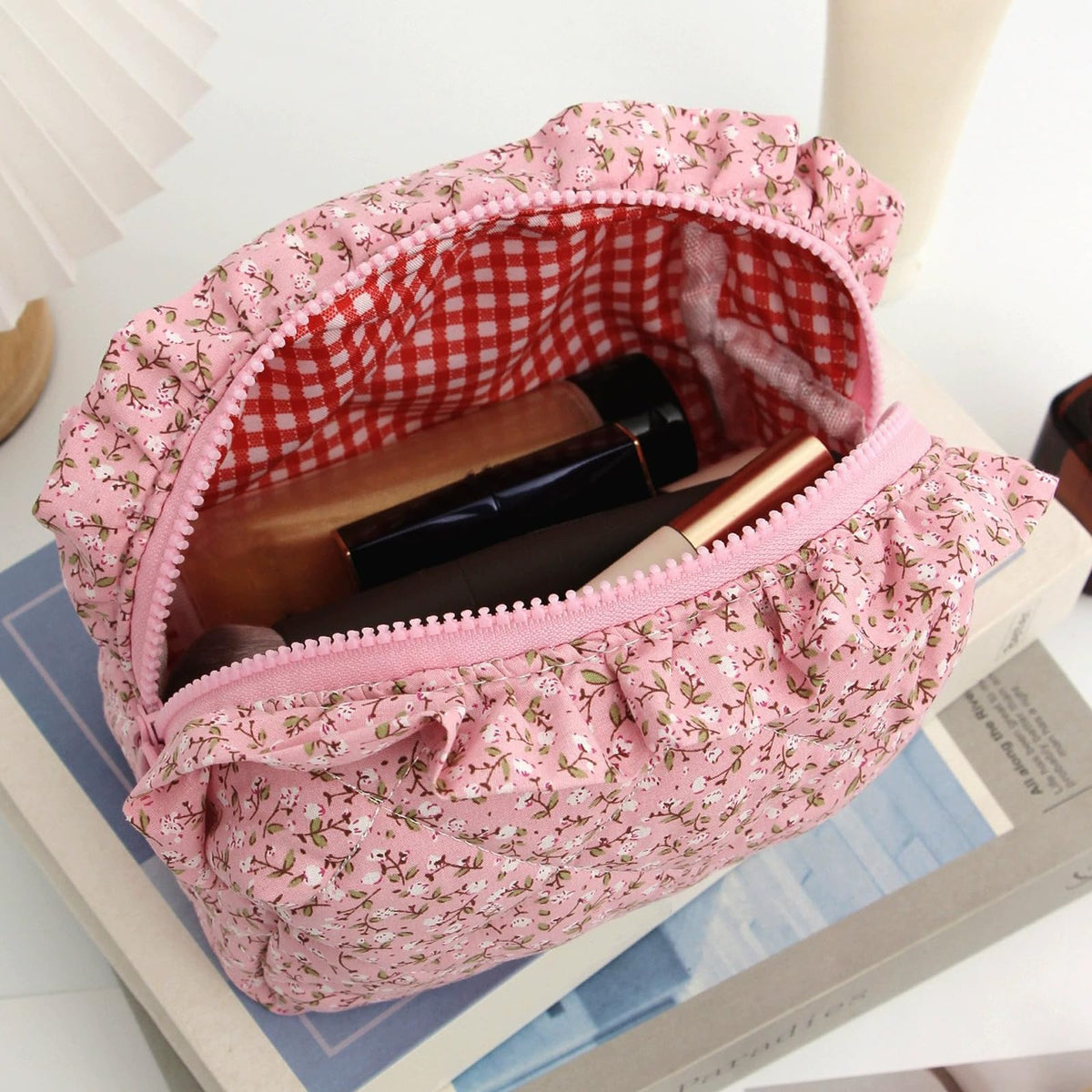 Annpro Cute Makeup Bag Travel Cosmetic Bag for Women,Small Floral Organizer Toiletry Bag Make Up Bags,Coquette Aesthetic Bowknot Toiletry Bag,Soft Cotton Cloth Travel Toiletry Bag (01 Rose Pink)