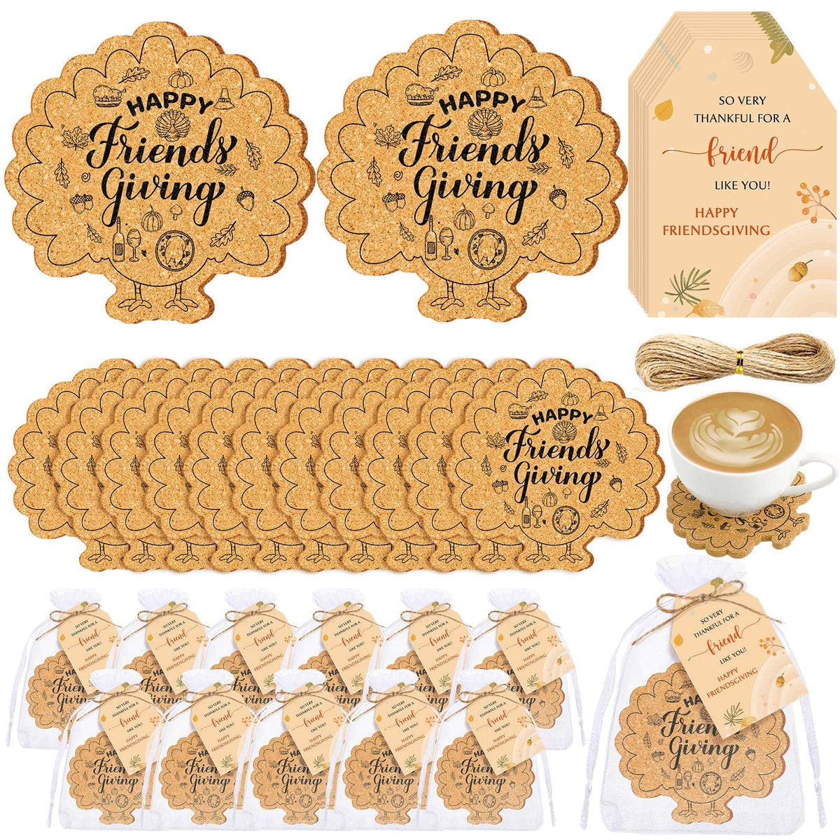 Hushee 24 Sets Friendsgiving Gifts Bulk Friendsgiving Cork Coasters Thanksgiving Cork Coaster Leaf Coaster with Thank You Cards and Organza Bag Thanksgiving Autumn Fall Party Favors (Maple Turkey)