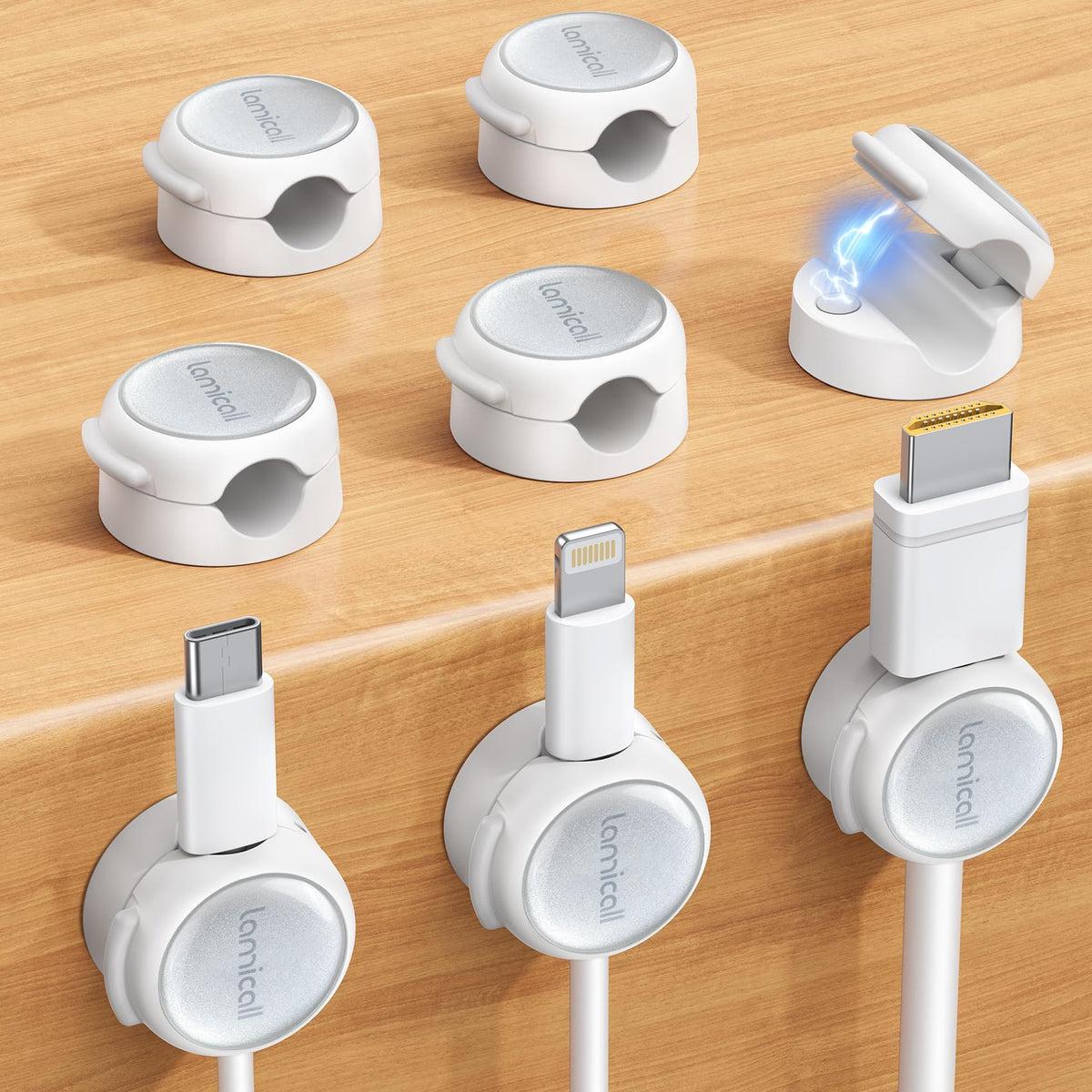 Lamicall 8 Pack Magnetic Cable Clips Cord Organizer - [Crystal-Clear & Silver Shine] Aesthetic Strong Adhesive Phone Charger Cable Management Clips for Nightstand, Home Office Desk Desktop Accessories