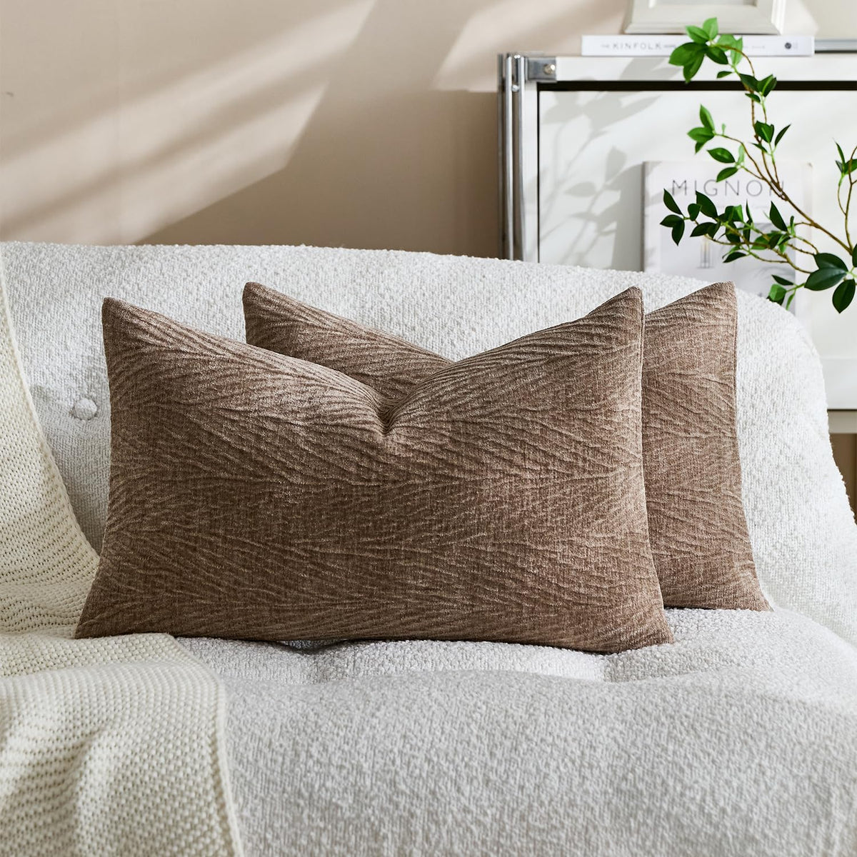 HALANS Spring Pillow Covers 12x20 Inch Set of 2, Soft Decorative Throw Pillow Covers with Leaves Texture, Hidden Zipper for Home Sofa Bed Couch (Tan, 12" x 20" (Pack of 2))