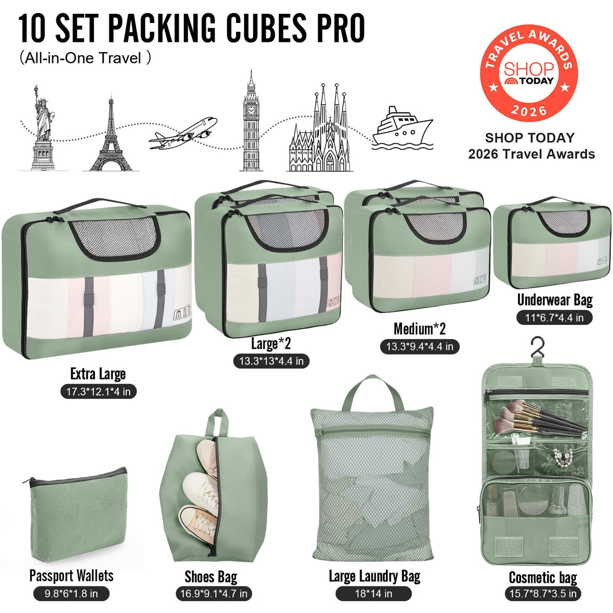 Veken 10 Set Packing Cubes for Travel Essential, Suitcase Organizer Bags in 4 Sizes, Carry-On Luggage Accessories with Large Laundry & Hanging Toiletry Bag, Must-Have for Airplane, Road Trip & Camping