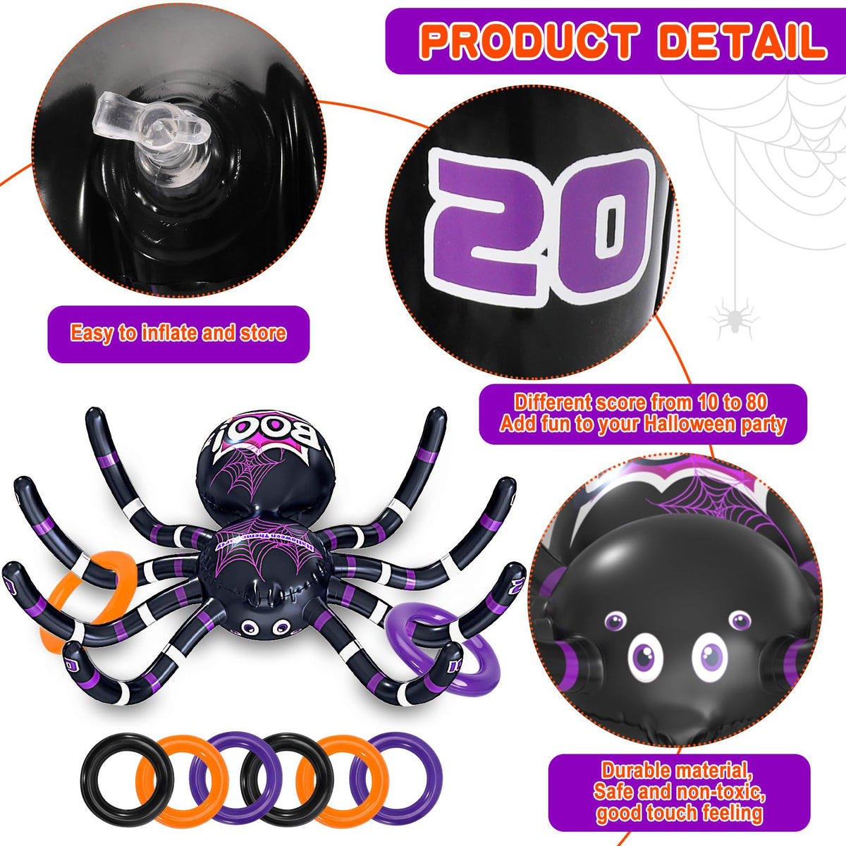 Max Fun Halloween Ring Toss Games for Kids, 2 Pack Inflatable Spiders Set Halloween Party Favor Supplies Holiday Carnival School Decoration Outdoor Indoor Spooky Creepy Game