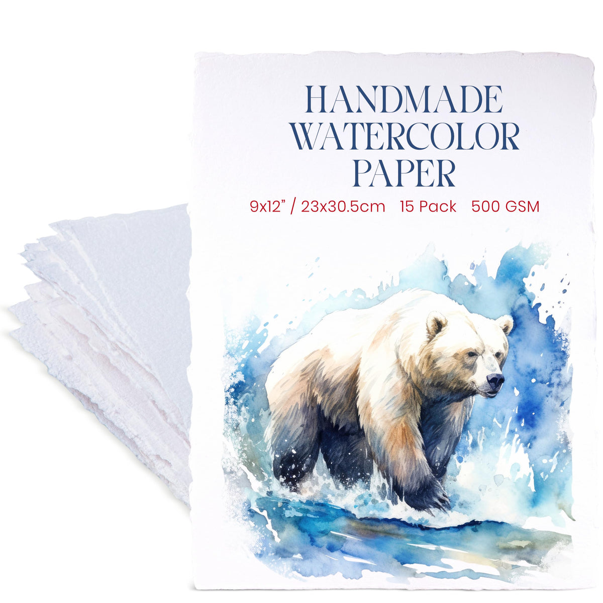 Wanderings Thick Handmade Watercolor Paper with Deckled Edge - 9" x 12" - 500GSM Premium White Cold-Pressed Textured Mixed Media Paper Made with Recycled Cotton - 15 Loose Leaf Sheets