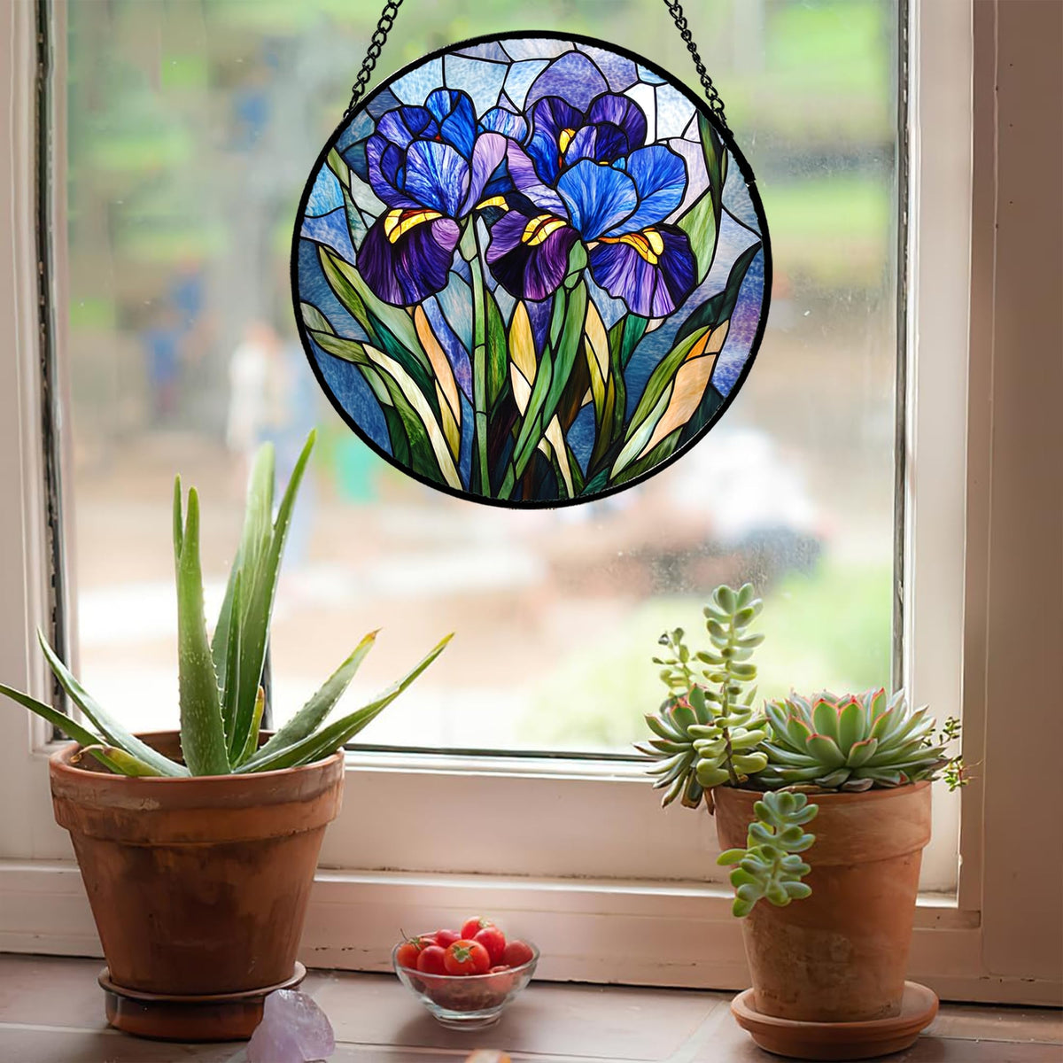 CRISGIF Stained Glass Window Hanging - Blue Purple Iris Flower Suncatcher for Door Garden Patio Sun Catchers Decor Christmas Mother's Day Birthday Gifts for Women Men Mom Nana Aunt Friend 6.3 in