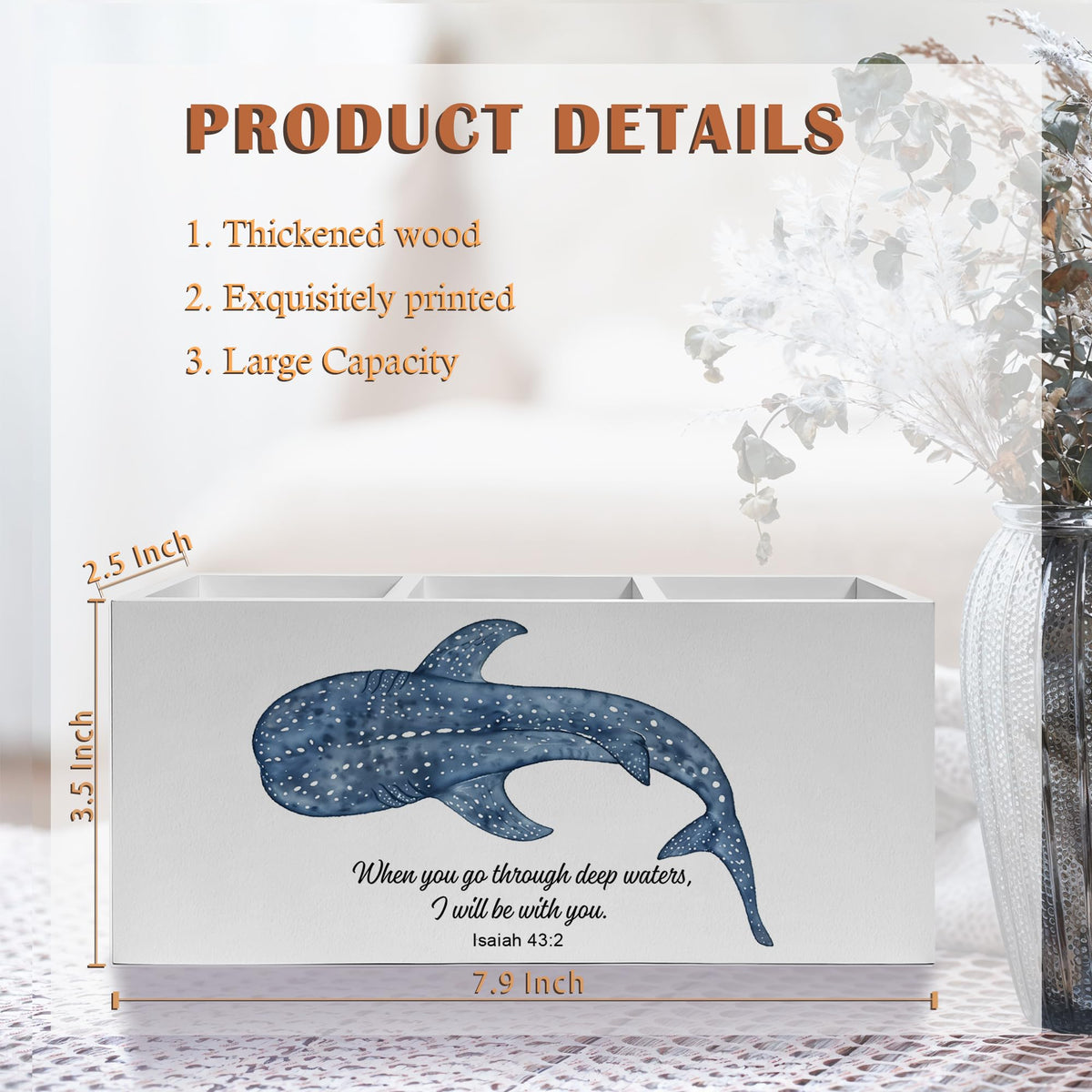 Exqcom Whale Shark Bible Verses Pen Pencil Holder, Inspirational Christian Desk Decor, When You Go Through Deep Waters Scripture Pencil Pen Holder Organizer for Home Office Desk Accessories