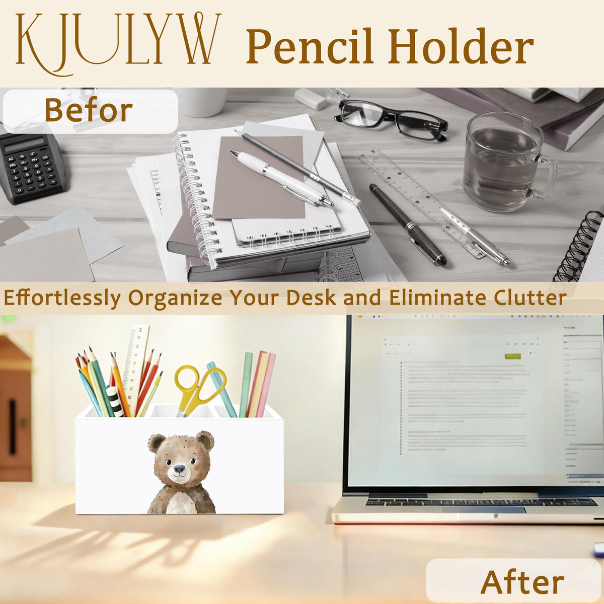 KJULYW Brown Bear Pen Holder for Desk, Bear Lover Gifts, Cute Forest Animal Wooden Box Pencil Pen Holder Organizer for Kids Room Home Office Desk Accessories