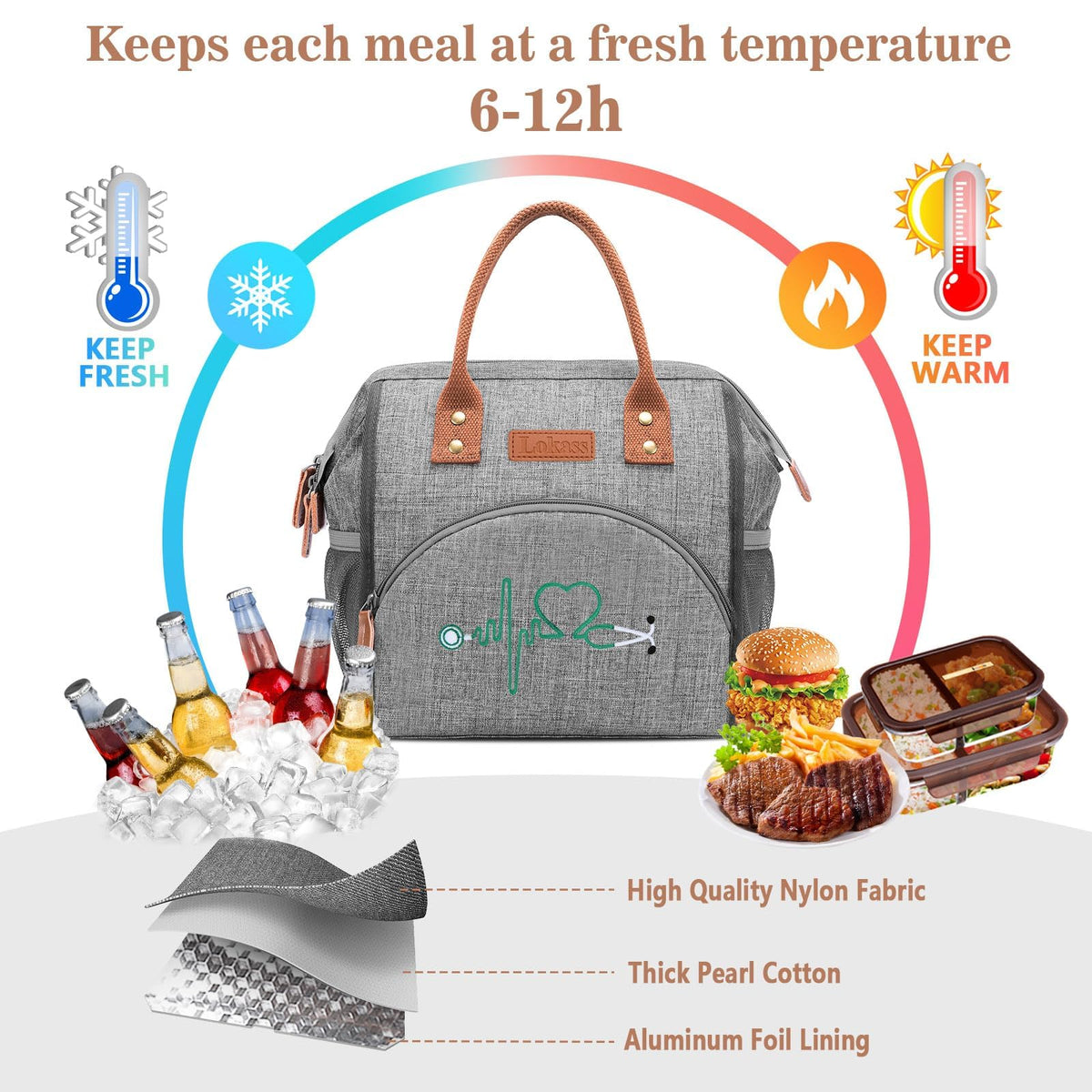 Srotek Nurse Gifts for Women - Embroidered Nurse Lunch Bag for Work, Large Capacity Wide-Open Lunch Box Insulated Reusable Lunch Tote Cooler Bag, Practical Nurse Accessories for Daily Use, Grey