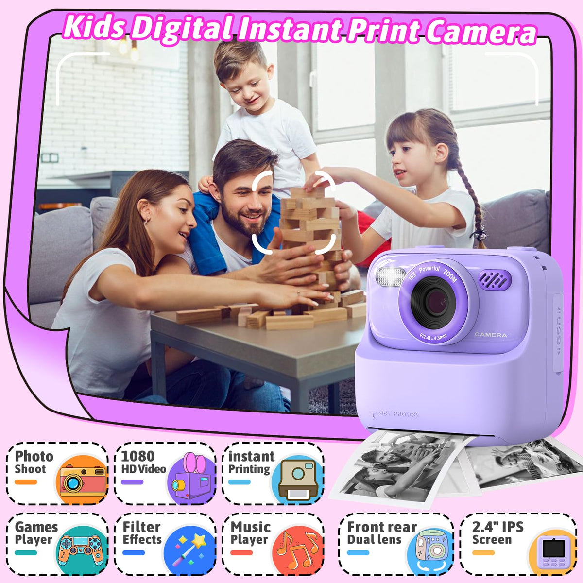 Kids Instant Digital Cameras for Boys and Girls, 1080P HD Dual-Lens Selfie Digital Camera with Print Paper & 32G Card, Christmas Birthday Gifts Toys for Toddler and Teenagers Age 3-16 Years Old