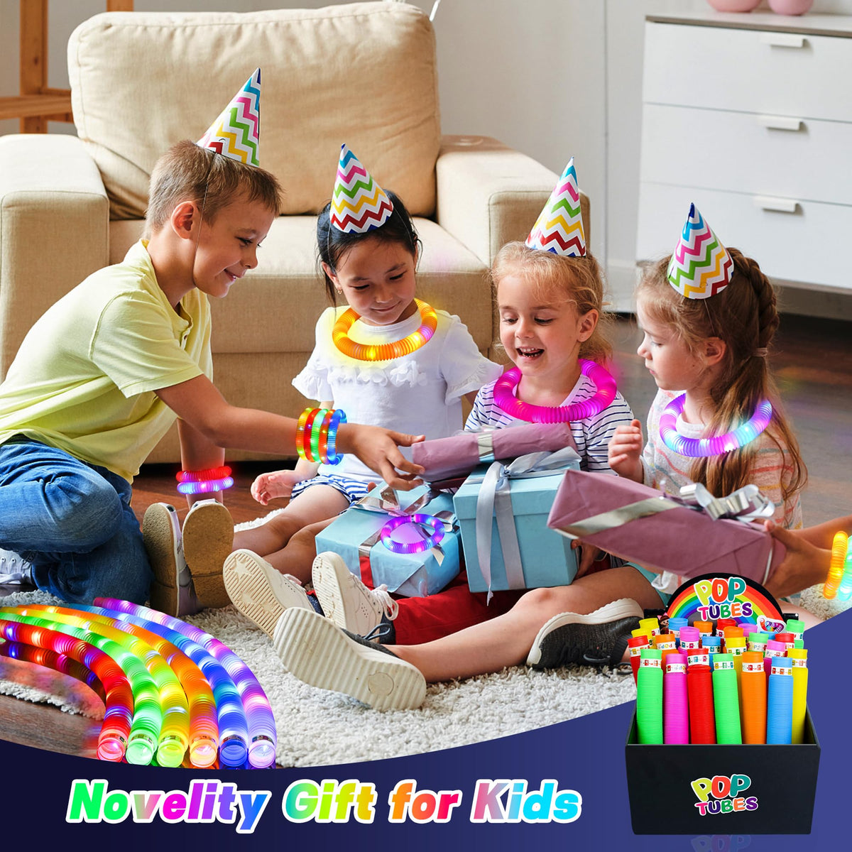 AUTOKAKUM Halloween Glow Sticks Toys for Toddler Kids,24 pcs LED Light Up Pop Tubes Necklaces Bracelets, Camping Glow the Dark Party Supplies, Sensory Toys for Birthday Christmas Gift (24 pack)
