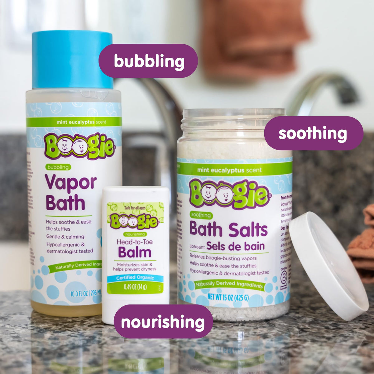 Boogie Spa Kit, Includes Boogie Kids Bath Salts, Eucalyptus, 15 oz (Pack of 1) Vapor Bath 10 Fl oz (Pack of 1) Chest Rub Stick 0.49 oz (Pack of 1)