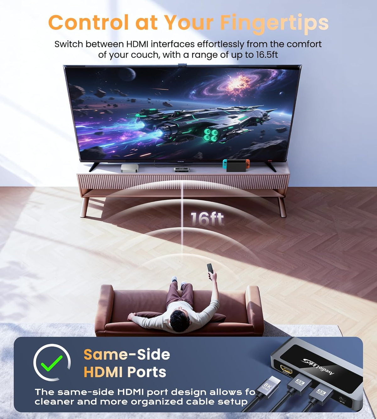 avedio links 8K 2.1 4K@120Hz 8K@60Hz, 2 1 2 1 PS5 HDMI Switch Bi-Directional in Out HDMI Switcher with Remote, Aluminum