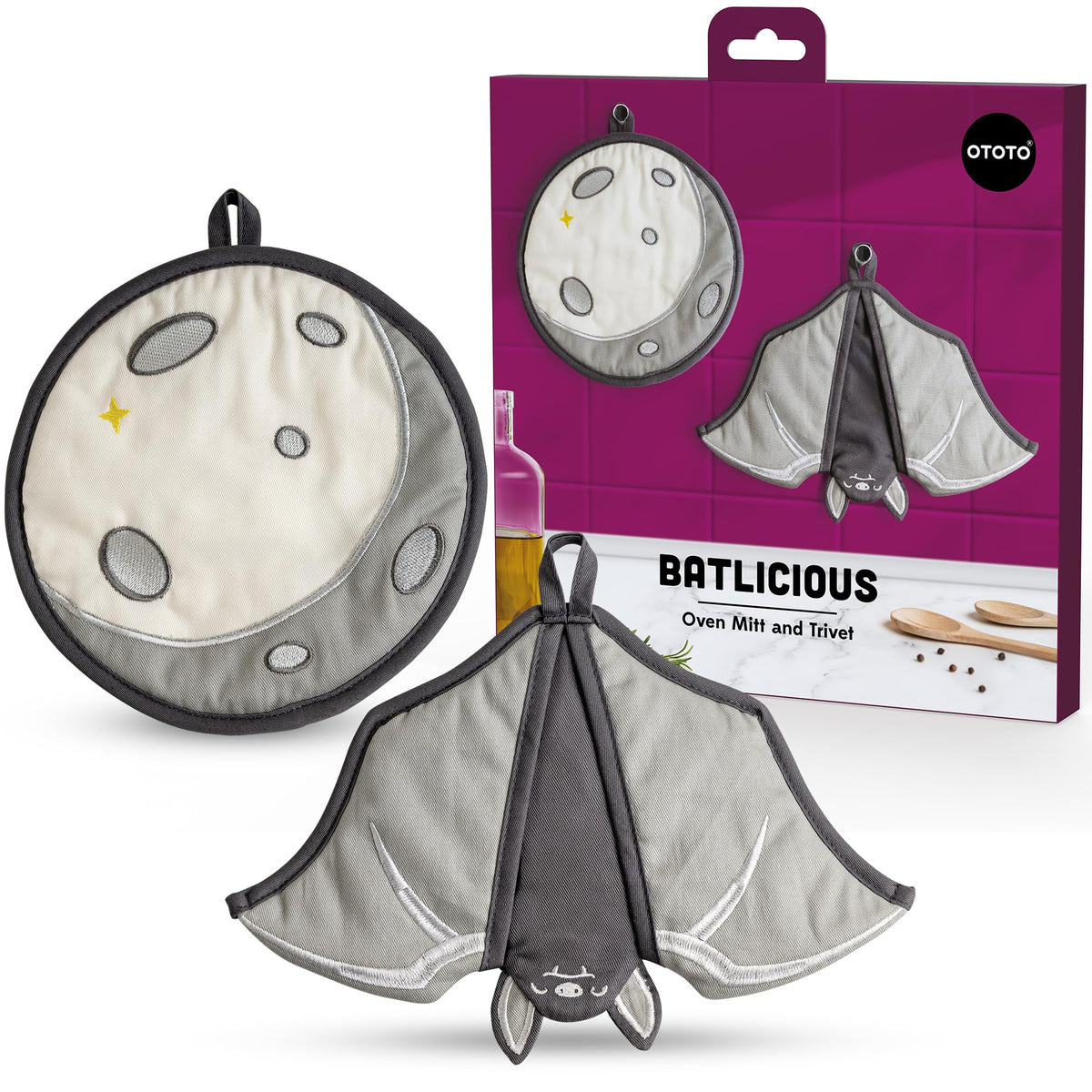 New - OTOTO Batlicious Oven Mitts and Pot Holders Sets - Heat Resistant Trivets for Hot Dishes, Cooking Goth Kitchen Decor, Cute Accessories, Pot Holders, Spooky Halloween Bat Moon Witchy Gifts