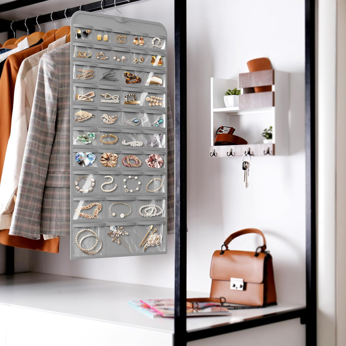 Simple Houseware Jewelry Organizer - 80-Pocket Hanging Storage for All Accessories | Gray