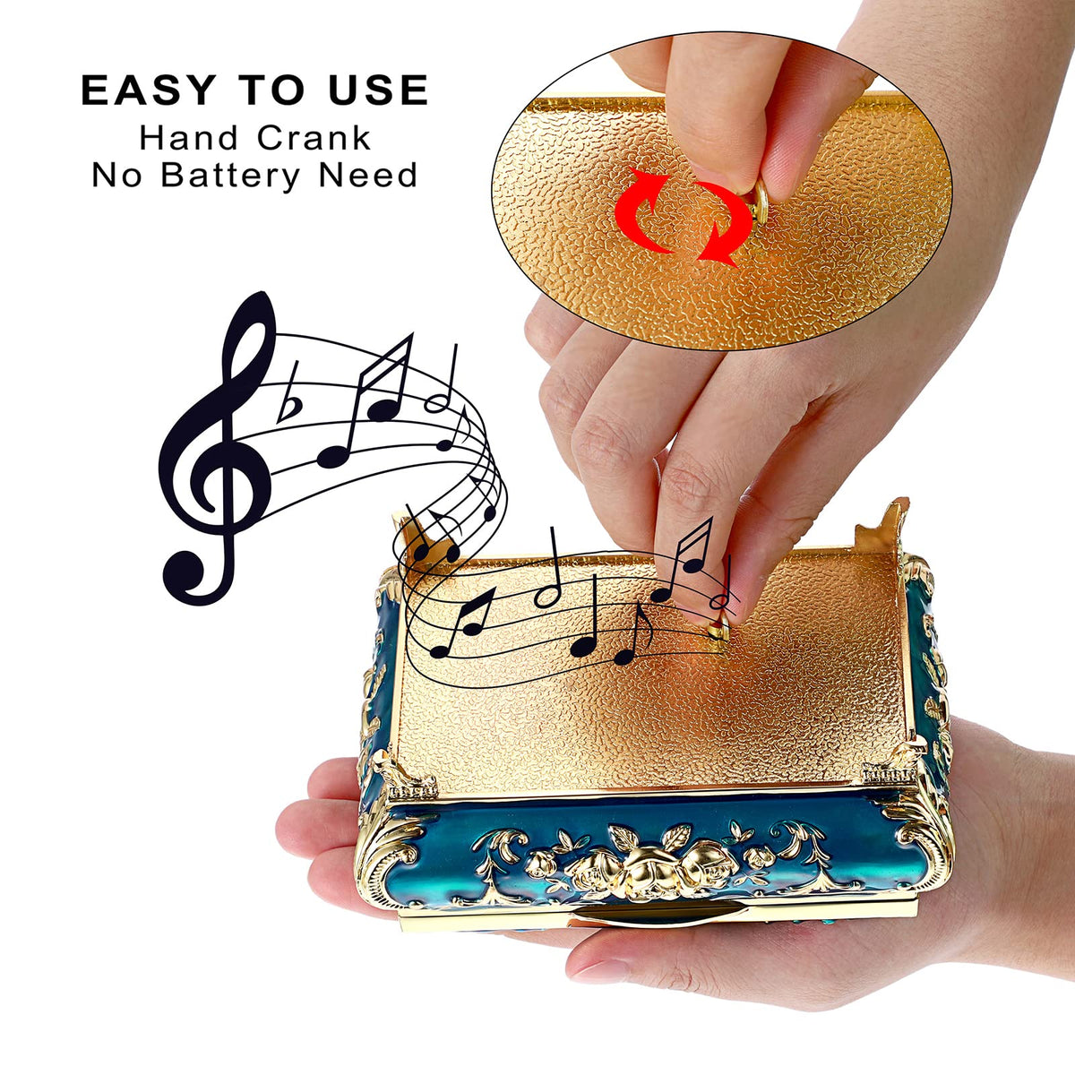 ELLDOO Vintage Music Box, Blue Metal Musical Jewelry Box Keepsake Box, Small Trinket Jewelry Storage Box Gift for Girl Women (Tune: You are My Sunshine)