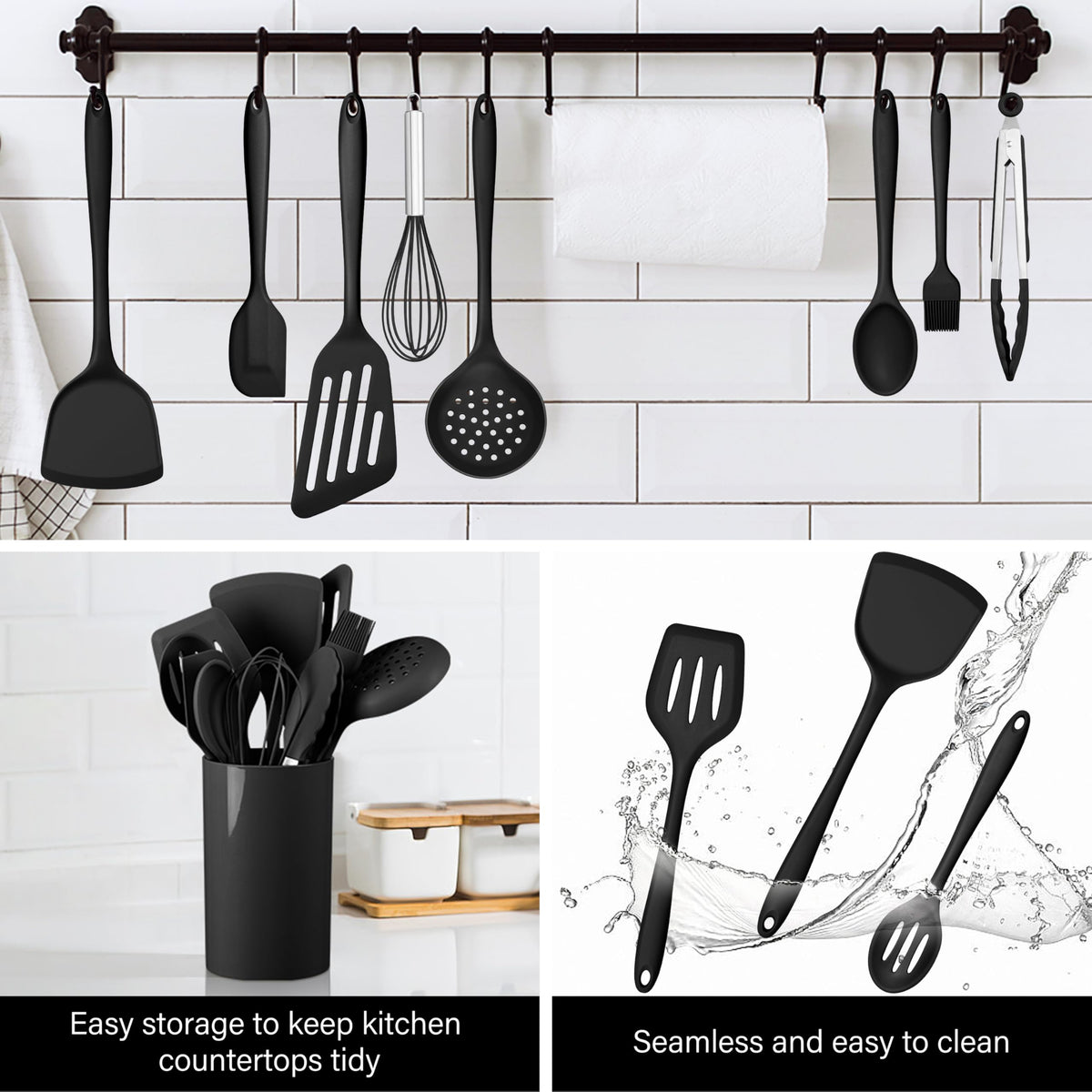 HaWare 11 PCS Silicone Cooking Utensils Set, Heat Resistant Kitchen Utensils with Holder, Food-grade Spatula Sets for Nonstick Cookware, Kitchen Tools Gadgets Include Fish Turner, Spoon (Black)