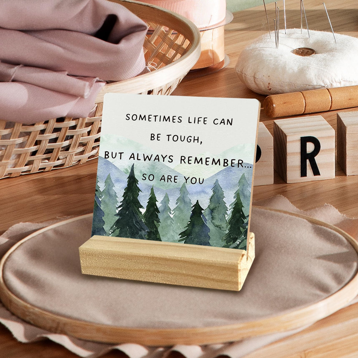 QASHWEY Inspirational Desk Decor, Motivational Desk Decor Forest Tree Wood Table Signs, Inspirational Gifts for Men Women, Sometimes Life Can be Tough Wooden Plaque with Wooden Stand for Home Office