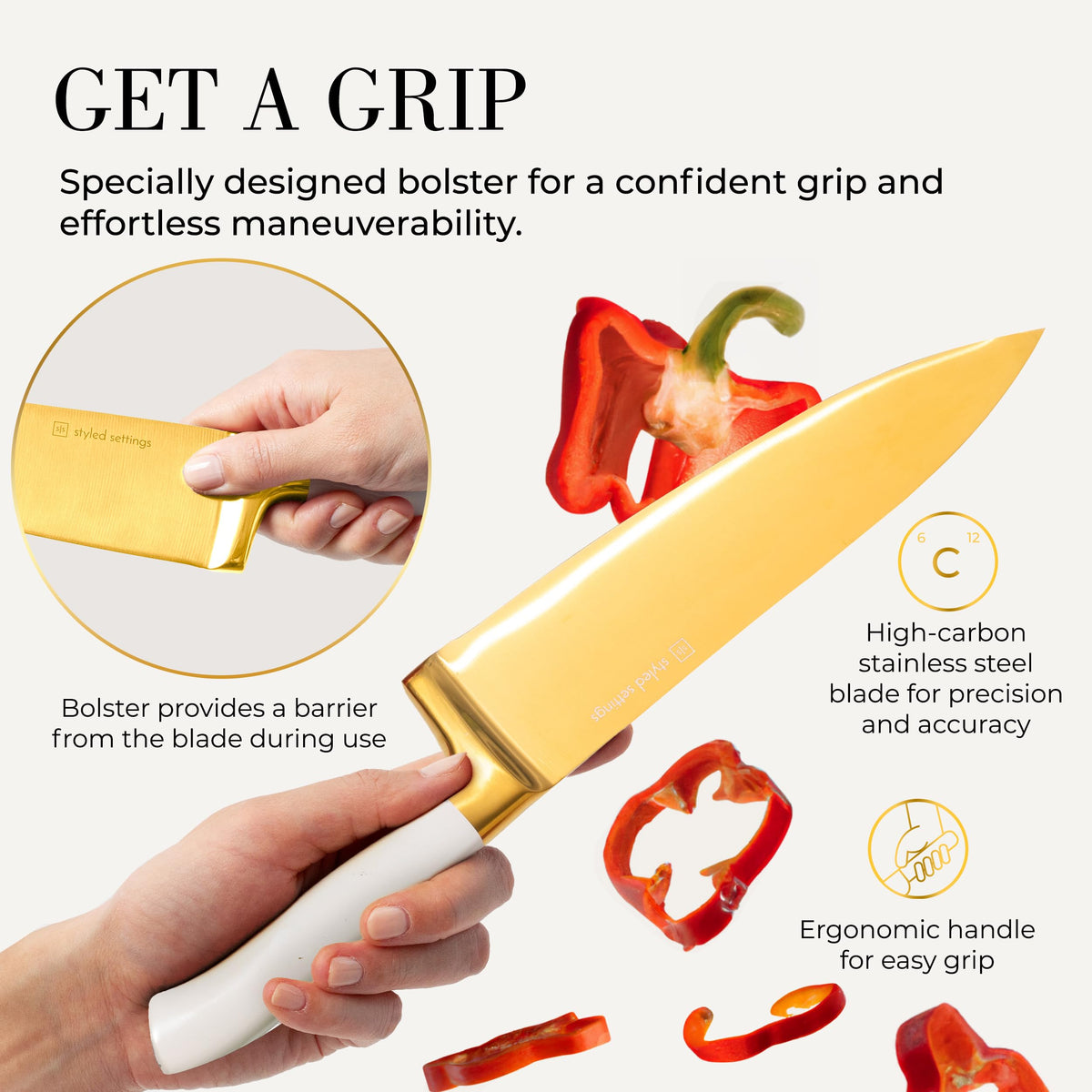 White and Gold Knife Set with Block - 14-Piece White Knife Set with Block and Built-In Sharpener – Titanium-Coated High Carbon Stainless Steel Blades - Gold Kitchen Accessories - Great for Gifting
