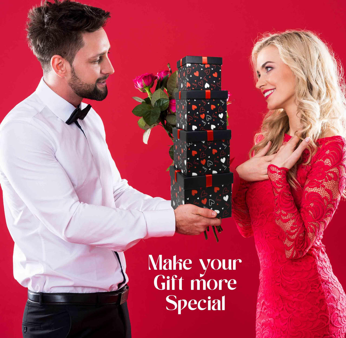 Gift Boutique 4 Pack Valentine Nesting Boxes with Bow Lids Black Red Hearts Stacking Square Box Gifts Presents Wrapping Birthday Wedding Party Decor