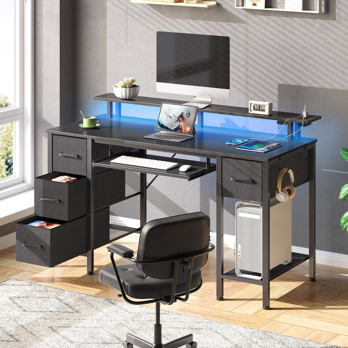 Seventable Computer Desk 47.2" with LED Lights & Power Outlets, Home Office Desk with 4 Drawers, Writing Desk with Keyboard Tray, Study Table with Monitor Stand, Work Desks for Home Office, Black