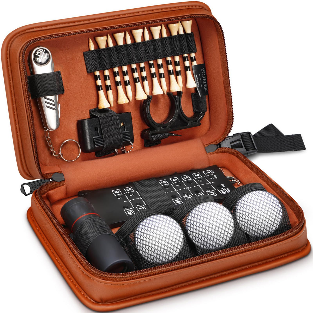 YOREPEK Golf Accessories Kit for Men, Golf Stuff Set with Leather Case, Golf Balls, Golf Tees, Multifunctional Divot Knife, Monocular, Scorer, Golf Gifts for Men Women Golfers