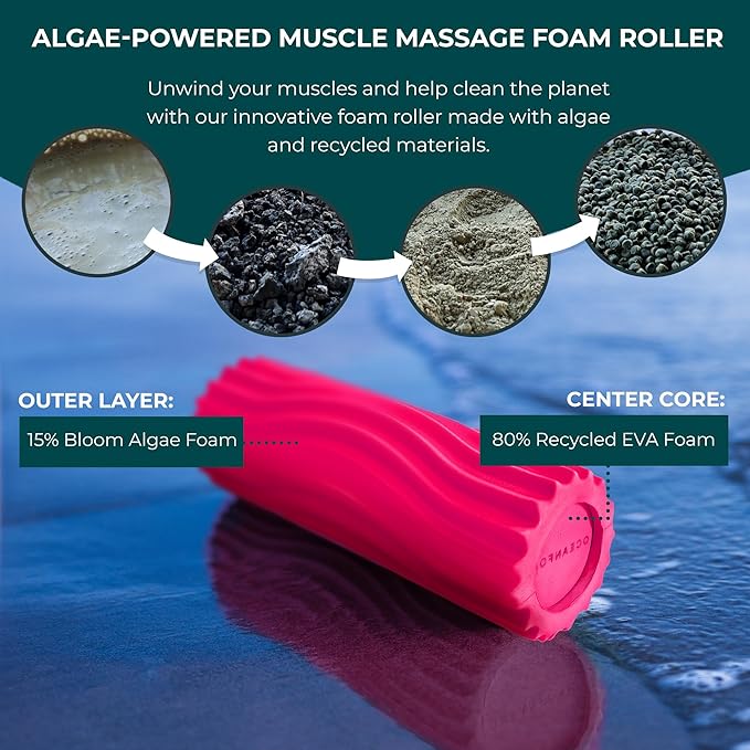 Oceanfoam Ripple Travel Foam Roller (11" x 3.35") Firm Mini Foam Roller for Physical Therapy, Deep Tissue Massage, Back Pain - High Density, Ergonomic Wave Textured, Yoga, Pilates, Exercise (Hot Pink)