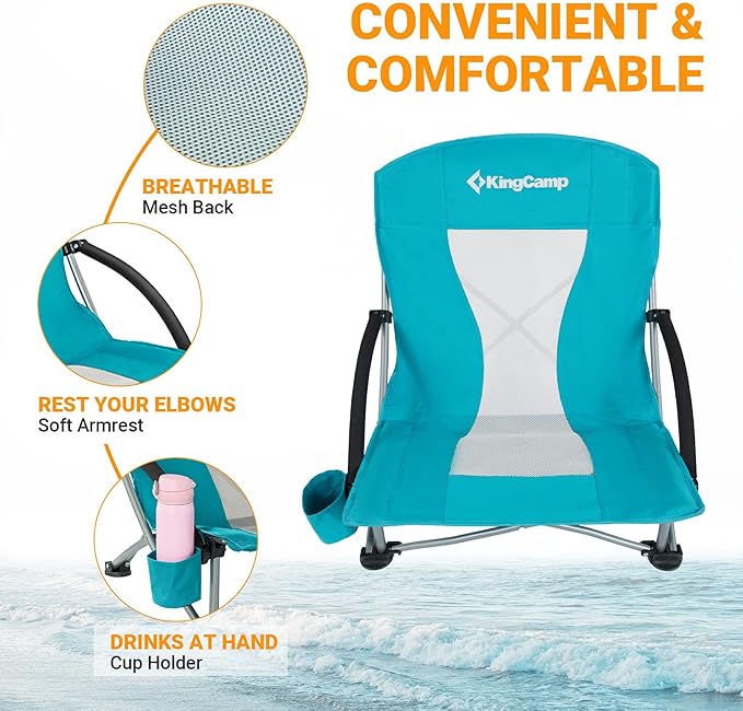 KingCamp Low Beach Chairs, Portable Folding Chair for Adults Extra Wide Ergonomic High Back Seat 300lbs Heavy Duty Lightweight Oversized Gear with Carry Bag for Outdoor Lawn Camping Picnic
