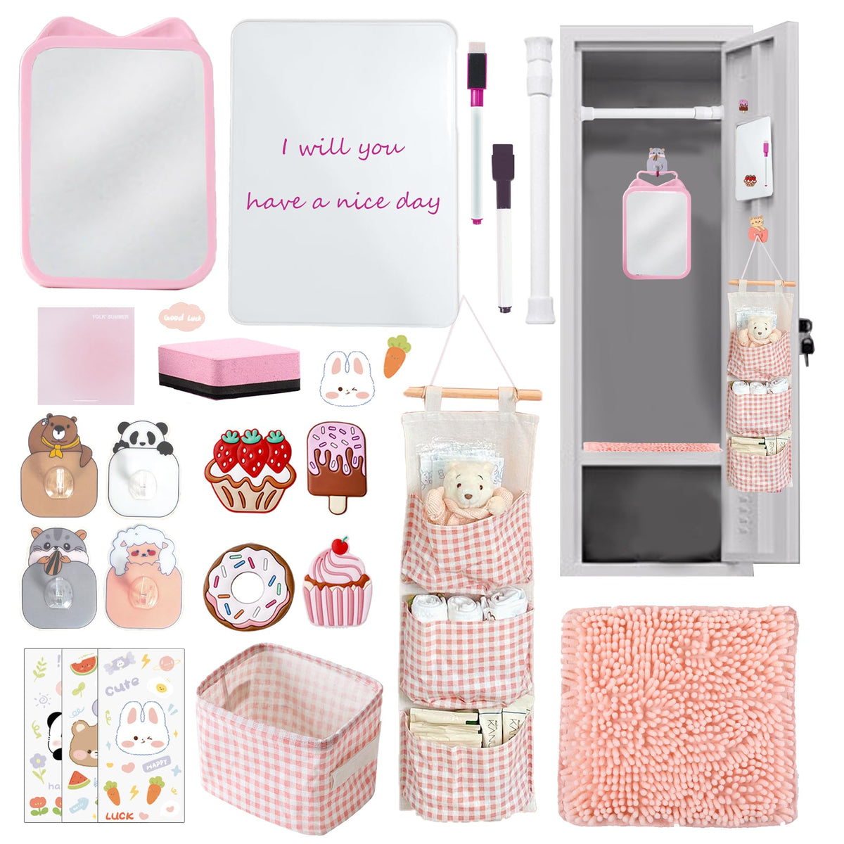 Tazimi Locker Accessories Kit with Magnetic Whiteboard, Mirror, Hook, Rug, Storage Bag, Pen Holder - Back to School Essentials for Girls' Locker Organizer