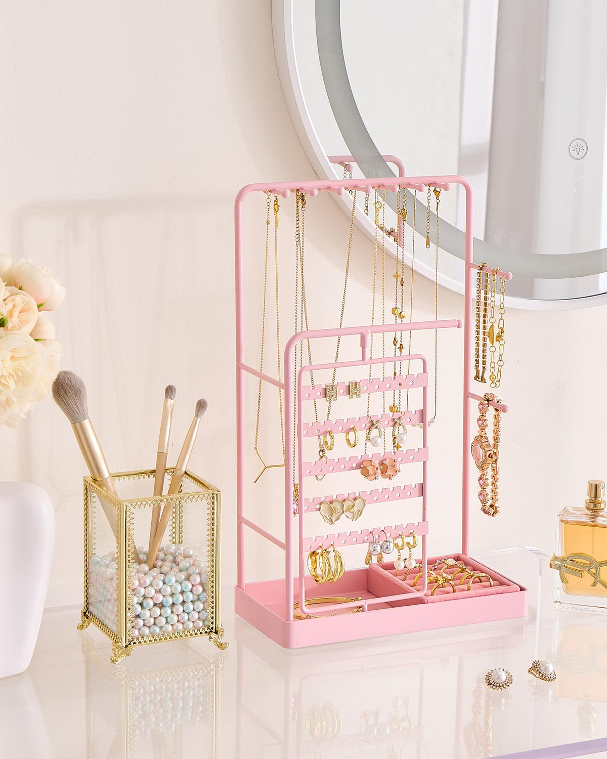 ProCase Jewelry Stand Holder Organizer, Jewelry Display Storage with Ring Tray, Rotating Earring Bracelet Necklace Holder, Valentine's Gifts Room Dorm Decor for Teen Girls -Pink (No-Assembly)
