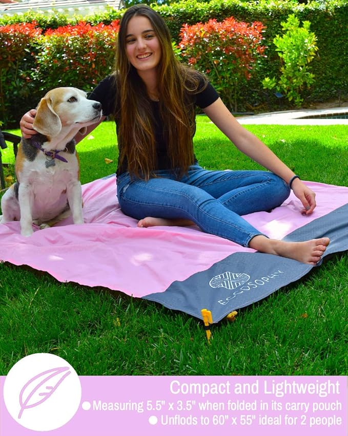 ECCOSOPHY Sand Proof Beach Blanket - 100% Waterproof Picnic Blanket 60x55 - Outdoor Compact Pocket Blanket - Lightweight Ground Cover for Hiking, Camping, Festivals, Sports, Travel- with Bag & Stakes