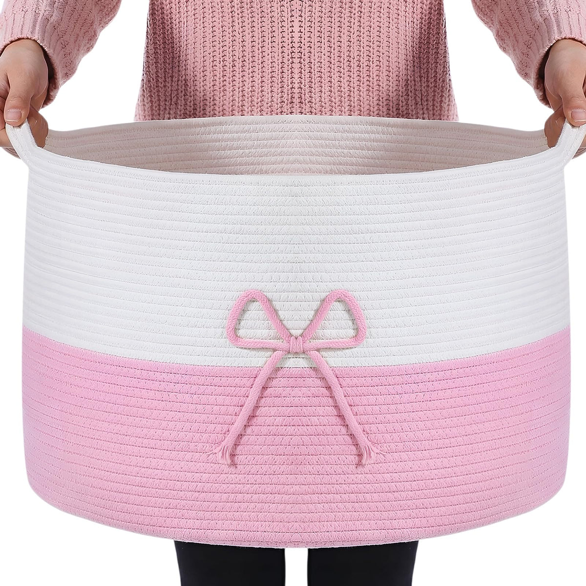 Breling 70L Pink Bow Extra Large Cotton Rope Basket 21" x 14", Woven Baby Laundry Blanket Basket Box with Handle Storage, Blanket Storage for Living Nursery Pillows Laundry Baby Toy Chest