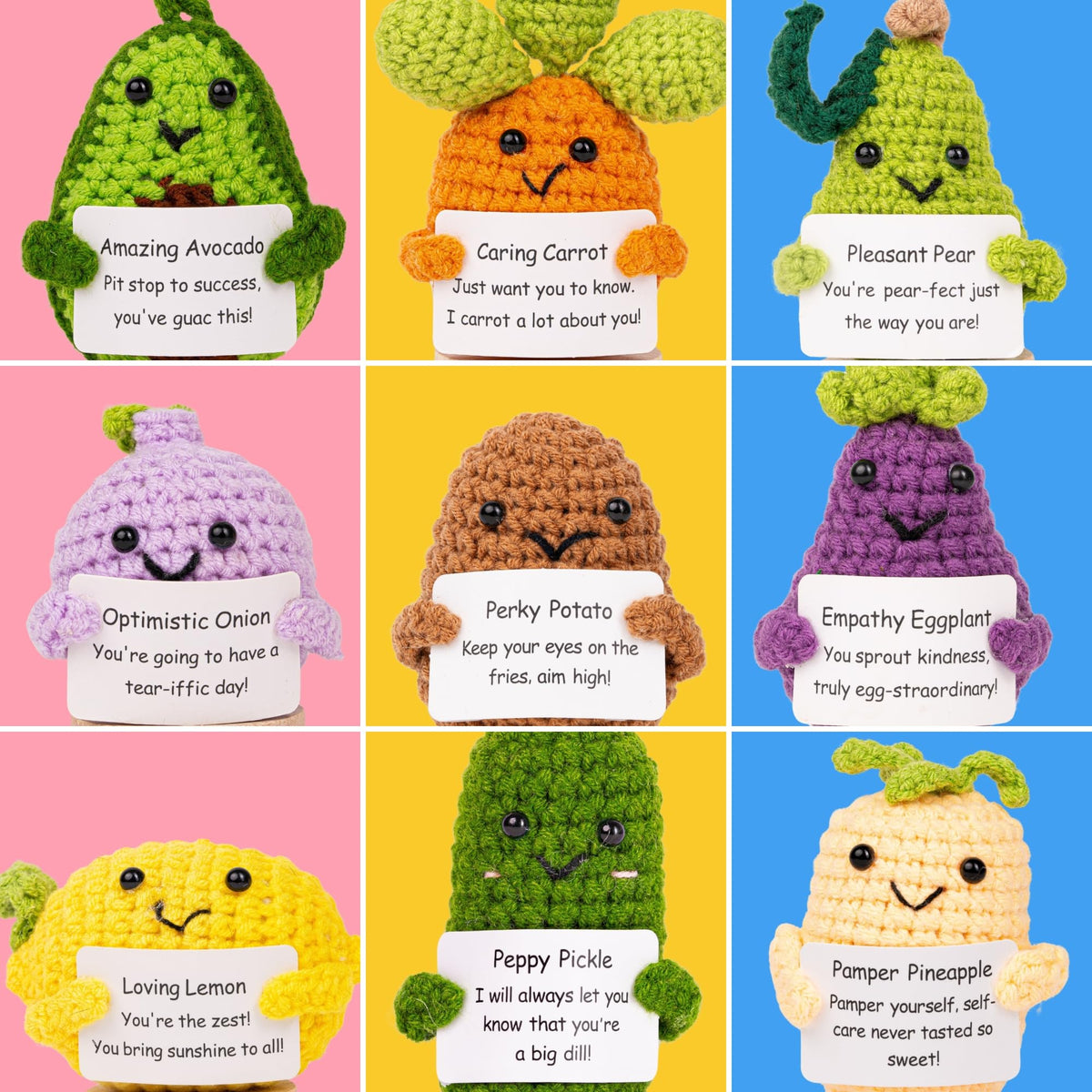 Cheerspace Cheerpal Veggies — Crochet Veggie Pack w/Stand (9 pc) Handmade Crochet Figurines Decor - Desk, Office, Coworker, Friend | Gifts for Women, Teen Girls, Mom, Girlfriend