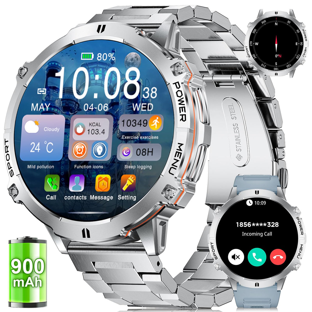 LIGE Smart Watches for Men Answer/Make Calls,1.75" Display Fitness Tracker with Compass Altitude and Barometric Pressure 900mAh Sleep Monitor 110+Sport Modes for Android iOS Smartwatch(Silver)